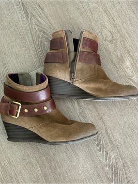 Suede Tan Wedge Ankle Boots with Brown Leather Strap